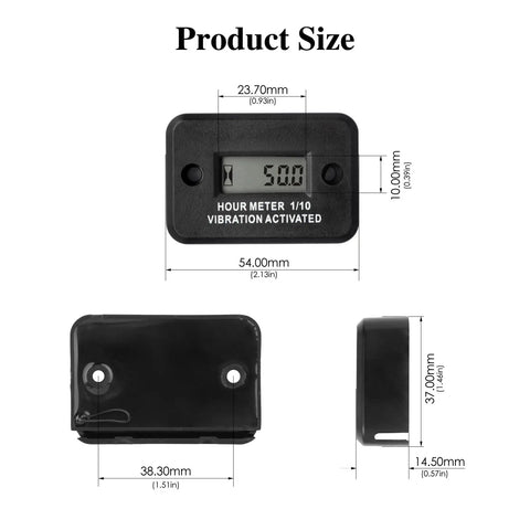 Vibration Induction Digital Hour Meter Self Powered Gauge IP68 Waterproof for Air Compressors Mini Tractors Snow Blowers No Wiring Instant Start Cumulative Run Time 0 to 99999 Hours High Precision 0.1 Hour Accuracy Black size diagram, 54.00mm x 37.00mm