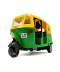 Ace Handcrafted Miniature Auto Rickshaw Desk Model Sporting Vivid Yellow And Green Finish, front view, 11cm resin collectible.
