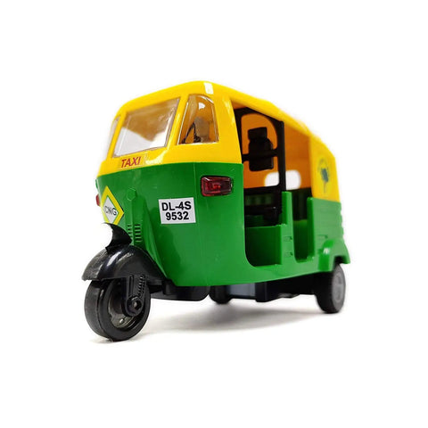 Ace Handcrafted Miniature Auto Rickshaw Desk Model Sporting Vivid Yellow And Green Finish, front view, 11cm resin collectible.