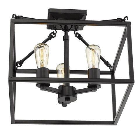 Wesson Semi-Flush Mount Light In Black With Open Geometric Square-Tube Cage, Exposed Sockets, Sturdy Steel Construction