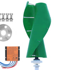600W 12V Vertical Wind Turbine with green FRP blades, Maglev axis coreless generator, MPPT charge controller, bolts, and flange.
