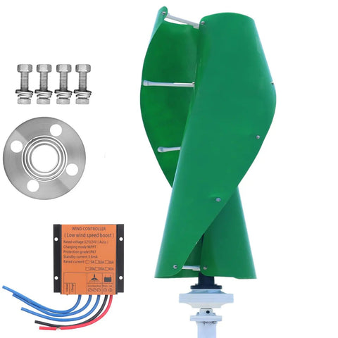 600W 12V Vertical Wind Turbine with green FRP blades, Maglev axis coreless generator, MPPT charge controller, bolts, and flange.