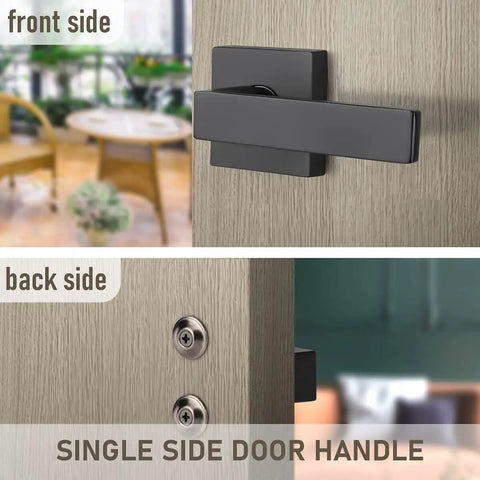 Front and back view of 6 Pack Matte Black Dummy Door Handle Set Heavy Duty Single Sided Door Levers For Right Or Left Handed Doors Interior Mount