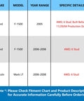 Compatibility chart for Ford F-150 2005-2008 and Lincoln Mark LT 2006-2008, 4WD, 6 stud hub compatibility details.