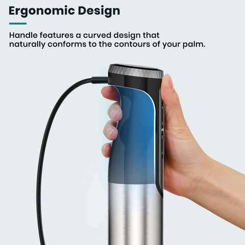 Powerful 1800 Watt Immersion Blender With Four Versatile Attachments, Blends Soups And Smoothies Without A Sweat, Crushes Ice Like A True Pro, Sleek Silver Kitchen Staple - Ergonomic handle design.