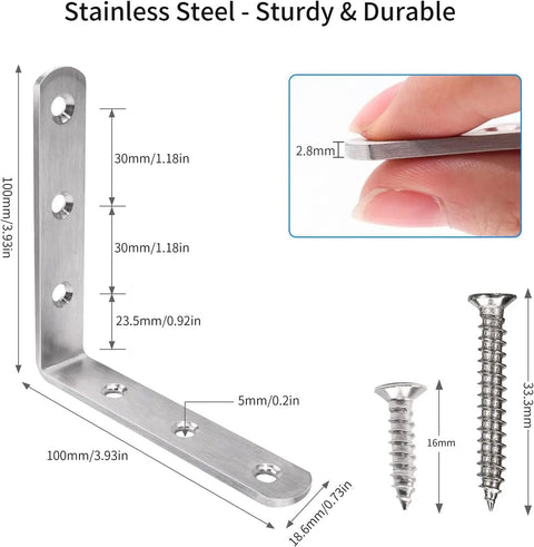 Heavy Duty 4X4 Inch L Brackets Solid Stainless Steel Corner Supports Rust Proof Shelf Braces Brushed Finish 4 Pack dimensions and screws