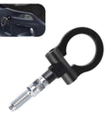 Hardcore Heavy Duty Alloy Racing D Ring Front Bumper Tow Hook Screw On Towing Trailer Puller Badass Modification Add On For European Cars Trucks And Suvs Outdoor Recovery Black Gear, showing a close-up of the black alloy tow hook.
