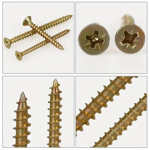 Close-up of 340 Piece M4 Flat Head Wood Screw Set With Countersunk Self Tapping Design For Flush Finish Cross Recessed Drive