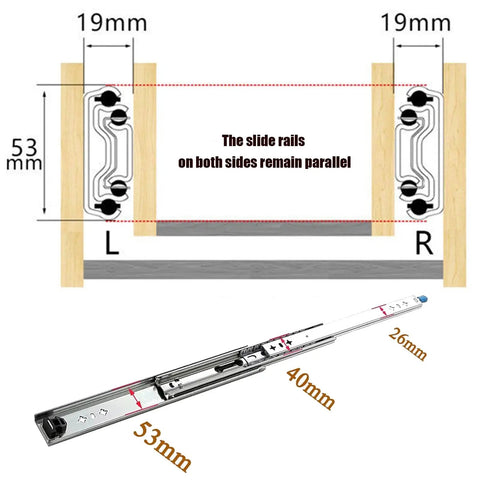 Heavy Duty Locking Drawer Slides With Side Mount Ball Bearing Rails Detachable For Machine Tables And Production Line Conveyors 800 Millimeters Long Rock Solid Industrial Grade Steel For Super Smooth Glide Drawers showing dimensions of 53mm width and labeled sections for precise fitting.