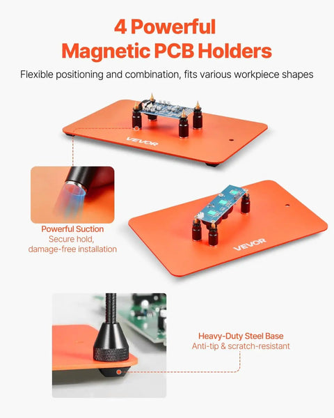 4 powerful magnetic PCB holders on heavy-duty steel base for Magnetic Helping Hands Soldering Station With 3X LED Magnifying Lamp.