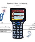 Multi Frequency RFID Reader Writer Kit with Free Software and USB, showing keypad and screen interface for access control and security.