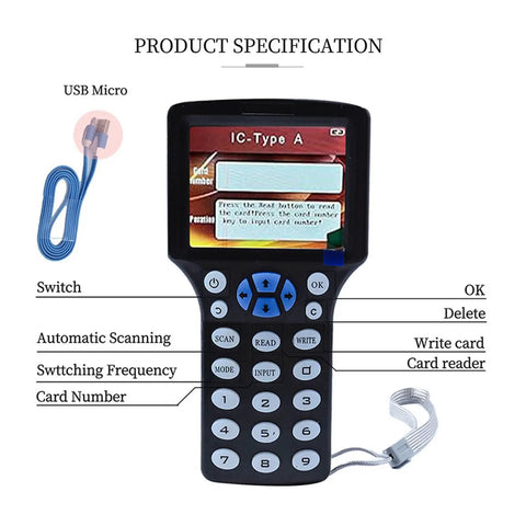 Multi Frequency RFID Reader Writer Kit with Free Software and USB, showing keypad and screen interface for access control and security.