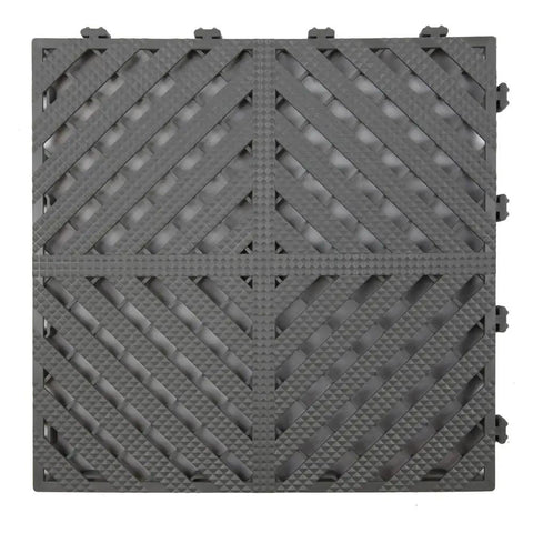 Gray modular interlocking deck tile 13x13 inch heavy duty for garage floors and car wash facilities, slip resistant and durable.