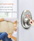 Keyless Entry Front Door Lock Set With Handle, Electronic Keypad Deadbolt, Auto Lock in use, child on sofa, home security