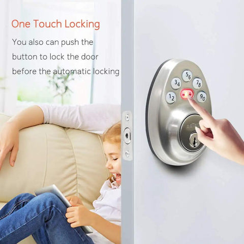 Keyless Entry Front Door Lock Set With Handle, Electronic Keypad Deadbolt, Auto Lock in use, child on sofa, home security