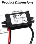 12V To 5V Buck Converter Module With 3A 15W Output, Micro USB Power Adapter, DC-DC Regulator For Your Ride Setup, shown with dimensions