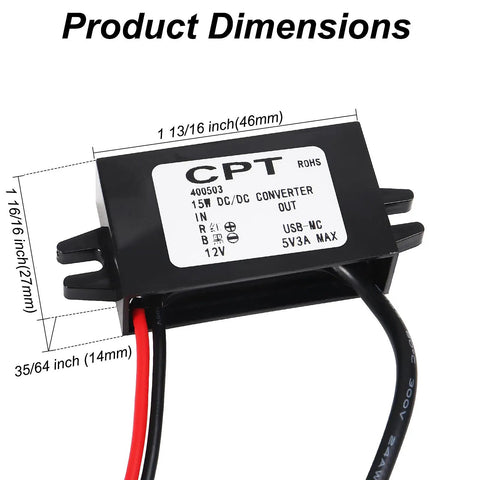 12V To 5V Buck Converter Module With 3A 15W Output, Micro USB Power Adapter, DC-DC Regulator For Your Ride Setup, shown with dimensions
