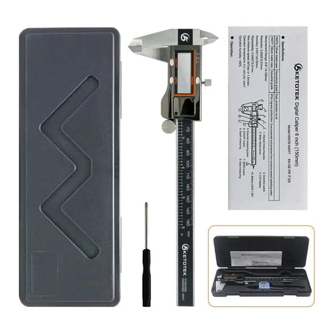 Digital Caliper Measuring Tool Built Tough With IP54 Waterproof Stainless Steel Body 6 Inch 150mm Electronic Vernier Caliper With Large LCD Screen Smooth Sliding Dirt And Oil Proof High Precision For DIY And Pro Use, case, and manual