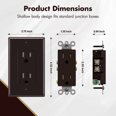 Brown Decorator Receptacle Outlet 15 Amp 125 Volt Tamper Resistant with Grounding and Wall Plate UL Listed 50 Pack High Impact Thermoplastic Face and Back Body Finger Safe Design