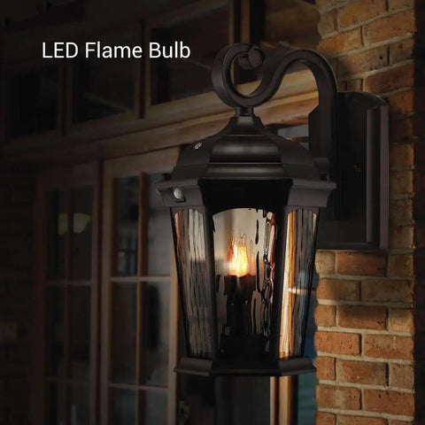 Flickering Flame Porch Light With Water Glass And Integrated Security Light, Dusk To Dawn Motion Sensor, 3000K Warm Glow, Lit Oil Rubbed Bronze Housing, Weatherproof Exterior Lamp For Home Walkways And Entry