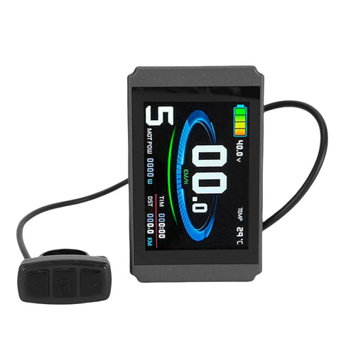 KT LCD8H Electric Bike Display Panel With USB Port And 5 Pin Connector, full color screen showing speed and battery, bike handlebar controls.