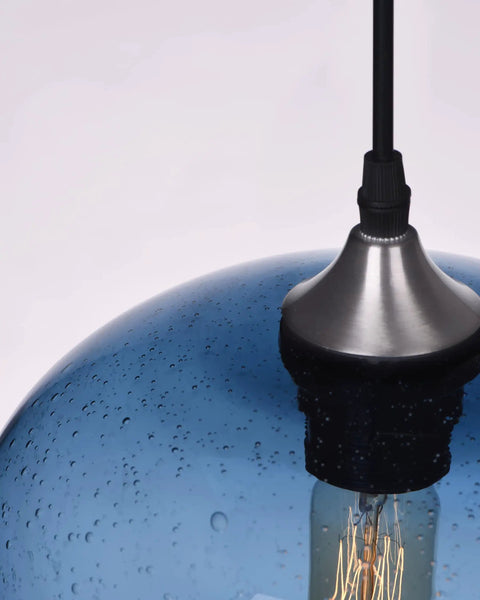 Close-up of Pendant Lights Kitchen Island Hand Blown Glass UFO Ceiling Light Fixture With Seeded Bubbles in blue glass