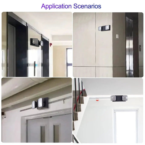 LED Emergency Lights With Battery Backup Four Pack Black Two Head Adjustable Emergency Exit Light Fixtures in various business settings