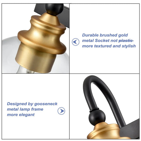 Close-up of durable brushed gold socket and gooseneck frame on Globe Glass Shade 4 Light Wall Sconce for Bathroom Vanity