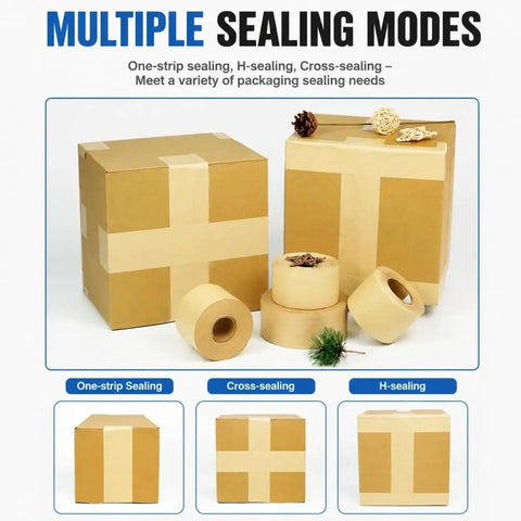Electric Water Activated Tape Dispenser And Kraft Paper Tape Cutter With Instant Heater For Heavy Duty Shipping Sealing mode examples on packages.