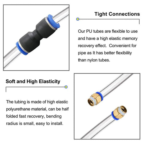 Close-up of Clear PU Pneumatic Tubing with tight connection, flexible for air compressors and fluid transfer, 1/8in OD, 16.4 ft length