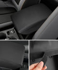 Center Console Cover For Subaru Forester 2025 2026 Leather Armrest Cover With Black Stitches Fits Premium Sport Limited Touring Interior Accessories Armrest Box Lid Protector, close-up view of installed cover and material.