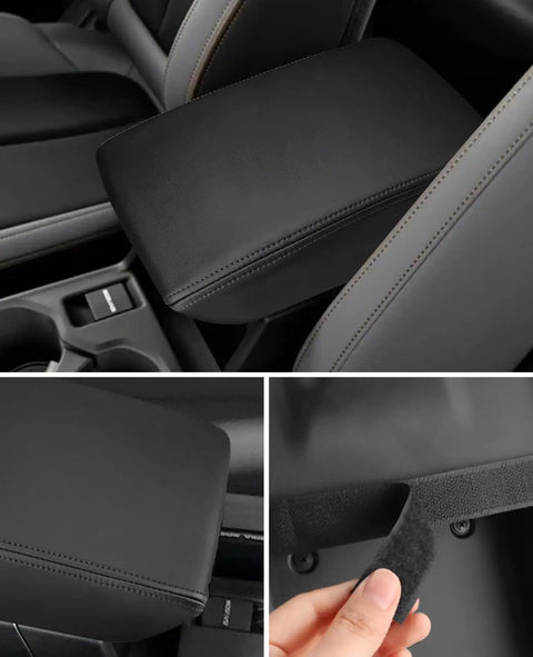 Center Console Cover For Subaru Forester 2025 2026 Leather Armrest Cover With Black Stitches Fits Premium Sport Limited Touring Interior Accessories Armrest Box Lid Protector, close-up view of installed cover and material.