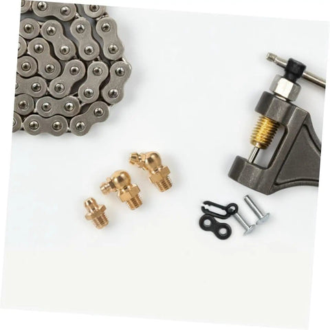 9 Piece Copper Grease Fitting Kit For Cars And Trailers, Pro Grade Nozzles And Oil Caps, Straight And Angled Nipples, tools visible