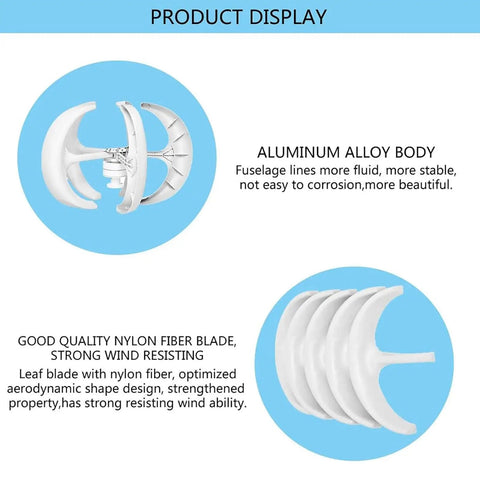 Vertical Axis Wind Turbine Generator Kit 200 Watt 24 Volt product display showing aluminum alloy body and nylon fiber blades.