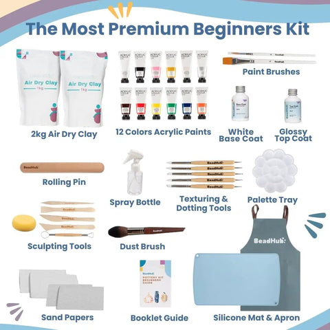 Beginner Pottery Kit With Air Dry Clay 4.4 Lbs And 2Kg Modeling Clay, Sculpting Tools, Paint, Glaze, Sanding Block.