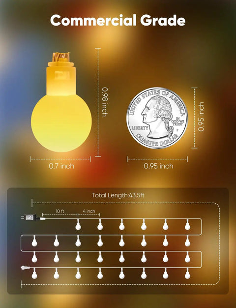 Commercial grade Globe String Lights 33 Feet With 100 LED Bulbs Warm White Fairy Lights size comparison with US quarter.