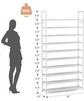 Heavy Duty Ten Tier Shoe Rack Wide Metal Organizer Tall Entryway Storage Shelf With Coat Hooks, 34 x 10 x 68 inches.