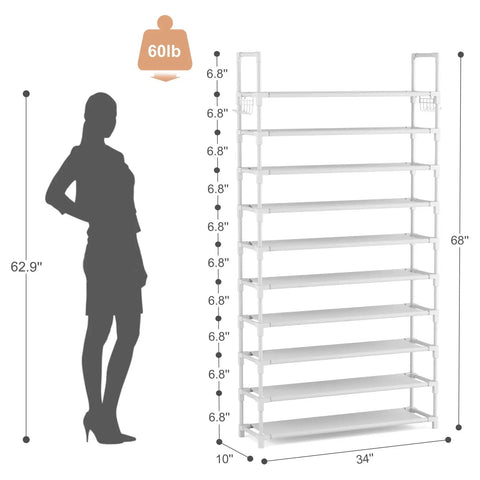 Heavy Duty Ten Tier Shoe Rack Wide Metal Organizer Tall Entryway Storage Shelf With Coat Hooks, 34 x 10 x 68 inches.