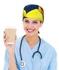 Breathable Work Cap With Upgraded Protection For Hair, Keeps Frizz At Bay, Super Lightweight And Packable, worn by nurse with coffee