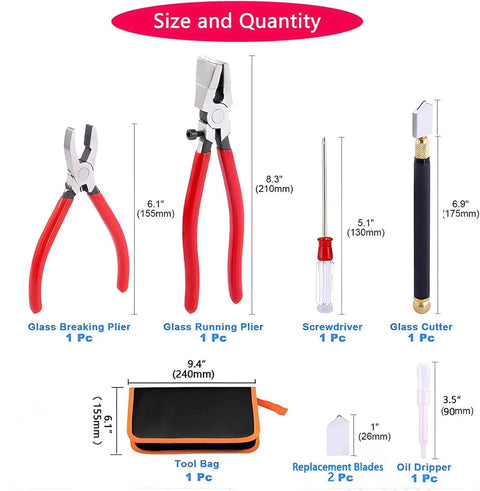 Glass Cutting Tools Set For DIY Projects Glass Cutter Kit With Running Pliers And Breaking Pliers Stained Glass Tools With Curved Jaws In Zipper Bag Replacement Blades Included displayed with tool sizes.