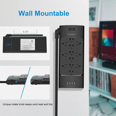 Wall-mountable Ultimate Home Office Power Strip With USB Ports And 12 Outlets And 4 USB Chargers, 2700 Joules Surge Protection