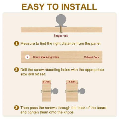 Installation guide for Fresh Pick Red Round Wood Cabinet Knobs 1 3/8 Inch Diameter Pulls showing screw mounting steps.