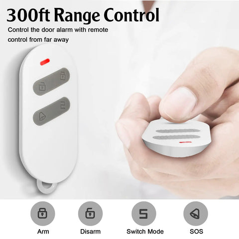 Close-up of remote control for 120dB Door And Window Alarm Sensor Kit With 3 Modes No Brainer Setup For Home Security, in hand, showing buttons.