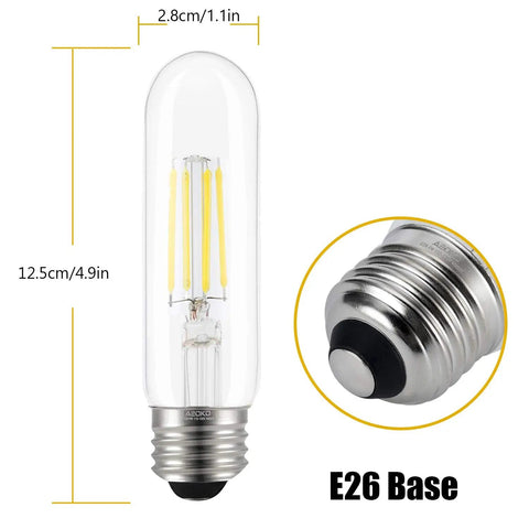 Vintage Edison Style LED Tube Bulbs T10 4000K Daylight 4W Dimmable With E26 Base, clear glass close-up with dimensions