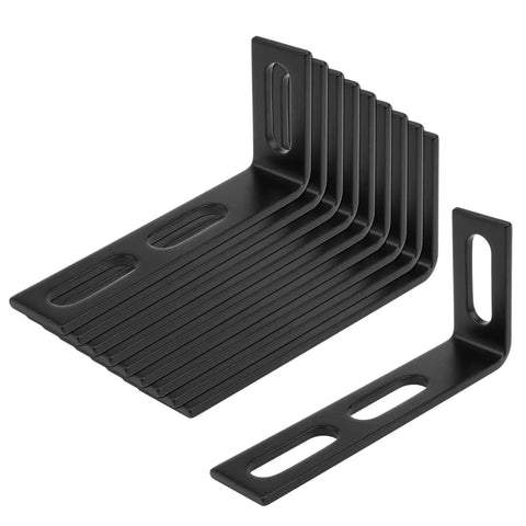 Sturdy Black Adjustable Slotted L Angle Bracket Set 4.25 Inch Long, 2 Inch High, Seven Eighths Inch Wide, One Eighth Inch Thick, Three Eighths Inch Bolt Holes, Powder Coated Low Carbon Steel, 10 Pack Corner Braces For DIY Shelves stacked view.