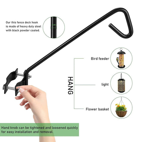 11 Inch Heavy Duty Fence Deck Hook Rail Hanging Mounting Kit for bird feeders, planters, suet baskets, lanterns with hand knob adjustment.