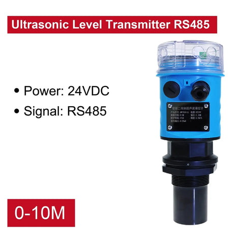 Heavy Duty Ultrasonic Water Level Sensor Featuring RS485 Hookup And Crisp Digital Display For Rock Solid 0 To 10 Meter Range Monitoring That Stays Dead On When The Work Gets Rough shown from the front with clear label.