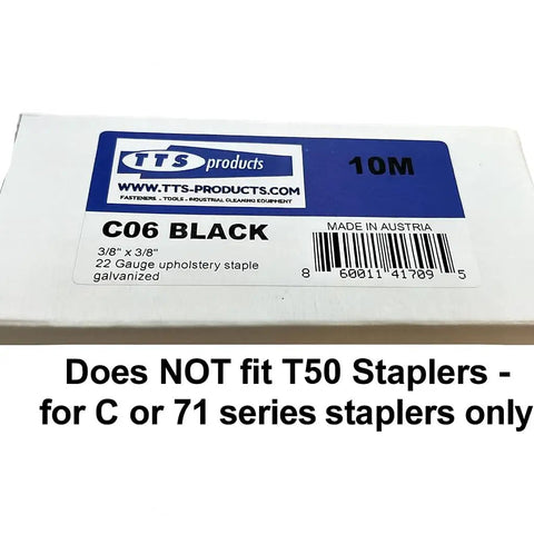 Heavy Duty 22 Gauge Upholstery Staples For C06 And 71 Series Tools Black Chisel Point Fine Wire Staples on a package.