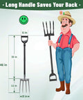 Cartoon man holding 46 Inch Long Heavy Duty Garden Fork With 35 Inch Metal Handle And 4 Tine Carbon Steel Head