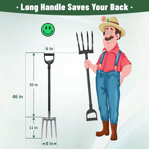 Cartoon man holding 46 Inch Long Heavy Duty Garden Fork With 35 Inch Metal Handle And 4 Tine Carbon Steel Head